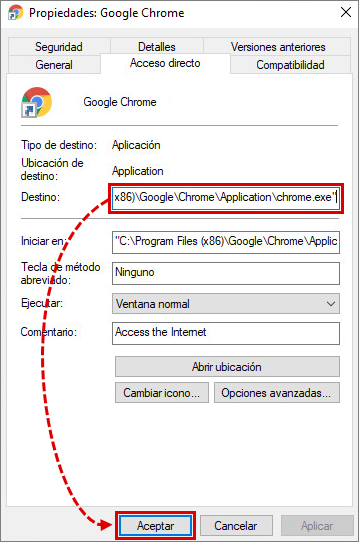 Comprobar las propiedades del acceso directo de Google Chrome