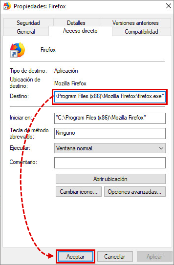 Comprobar las propiedades del acceso directo de Mozilla Firefox