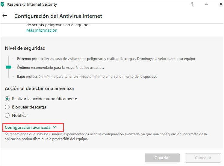 Configuración de Antivirus Internet en una aplicación de Kaspersky
