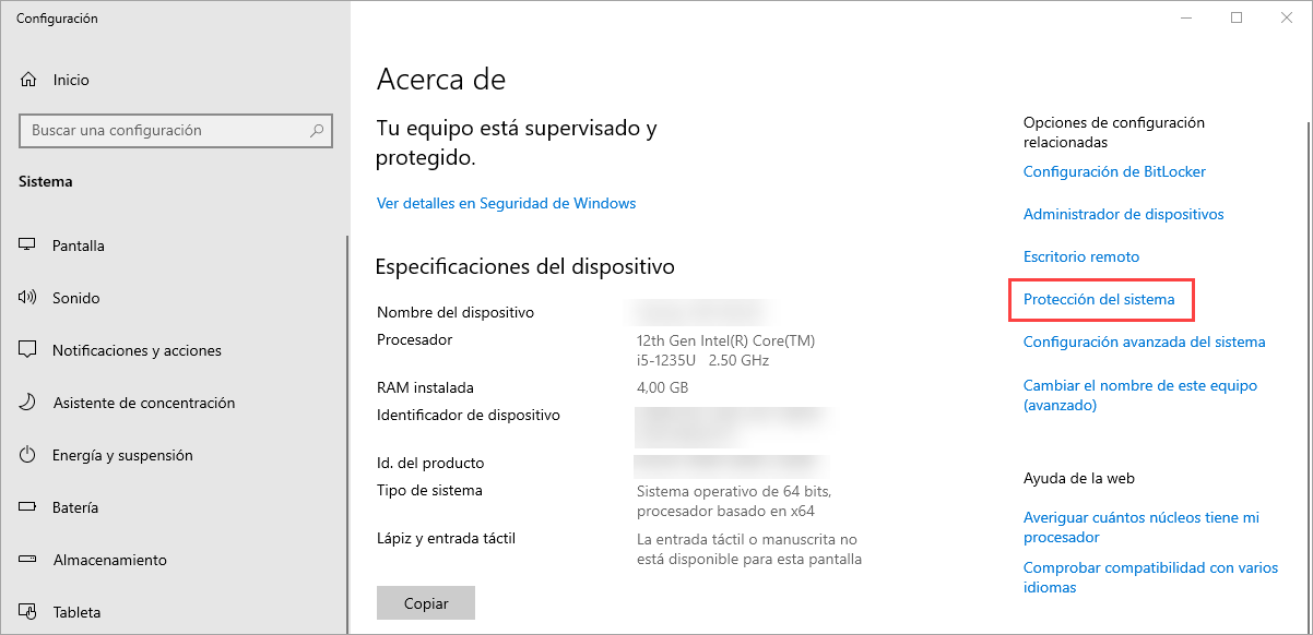 Ir a las propiedades del sistema en Windows 10