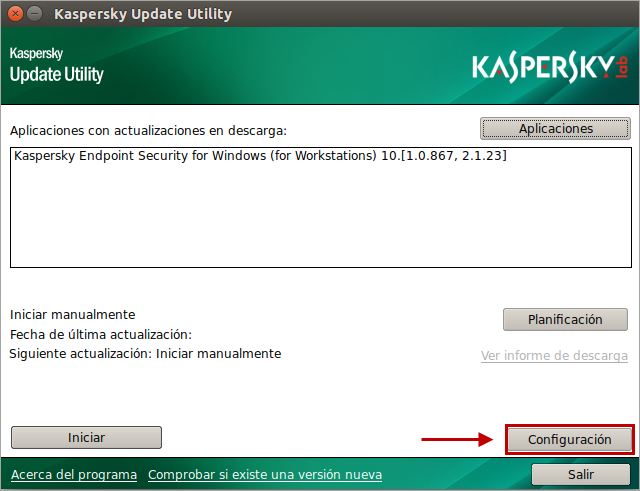 Habilite la traza de Kaspersky Update Utility 3.0 pulsando Configuración.