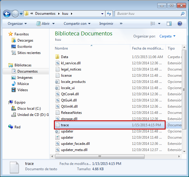 Puede encontrar el archivo de traza de Kaspersky Update Utility 3.0 en la carpeta de la utilidad.