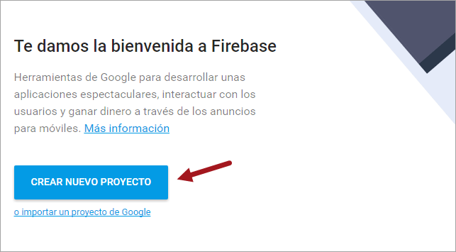 Imagen: Ventana de bienvenida en Firebase Developers Console