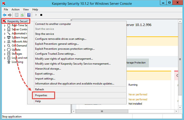 Propiedades del nodo Kaspersky Security 10 for Windows Server