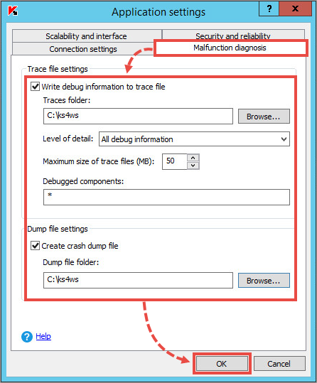 La ventana Application settings (Configuración de la aplicación) con la pestaña Malfunction analysis (Análisis de mal funcionamiento) seleccionada.
