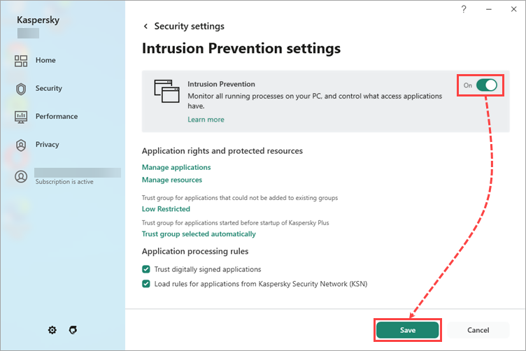 La ventana Prevención de intrusiones en una aplicación de Kaspersky