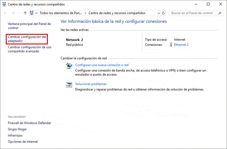 Ir a la modificación de configuración del adaptador en Windows 10