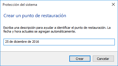 Crear un punto de restauración en Windows 10.