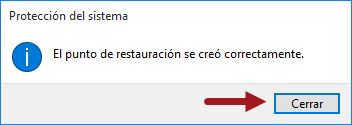Notificación sobre la correcta creación del punto de restauración en Windows 10.