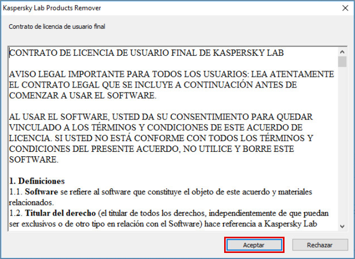 Kaspersky Products Remover license agreement window.