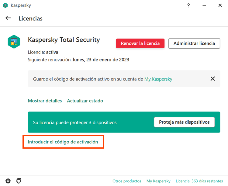 Ventana Licencias en la aplicación Kaspersky Lab