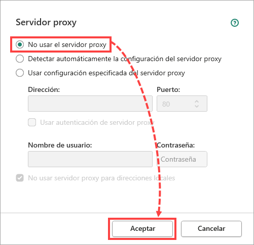 Desactivación del uso del servidor proxy en productos de Kaspersky