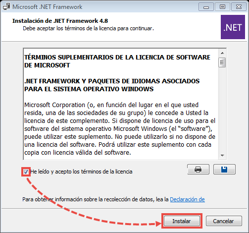Imagen: instalación de Microsoft .NET Framework