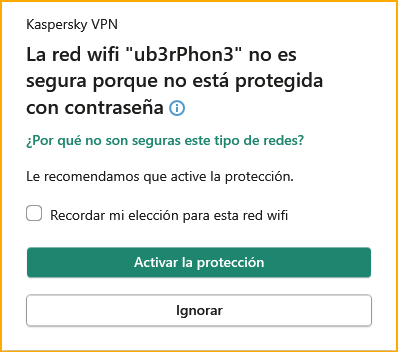 Mensaje de Kaspersky VPN Secure Connection sobre un problema de red Wi-Fi