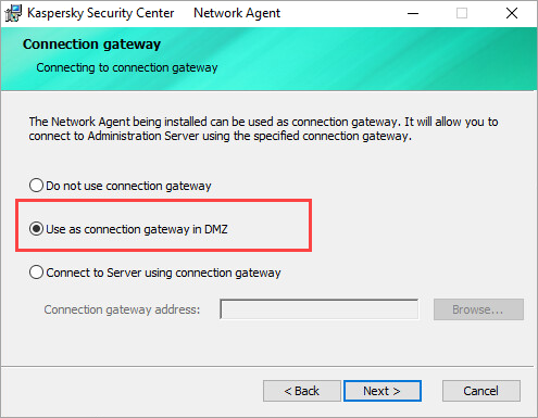 Elegir el parámetro Usar como puerta de enlace de conexión en DMZ durante la instalación del Agente de red.