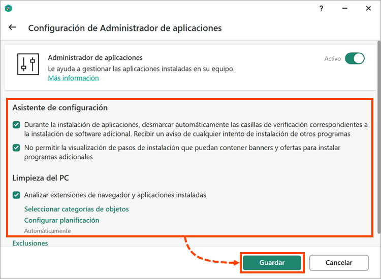 Application Manager settings in a Kaspersky application