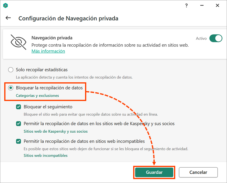 The Private Browsing settings window in a Kaspersky application