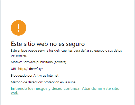Imagen: Ventana de una aplicación de Kaspersky Lab con la notificación diciendo que el sitio web es peligroso