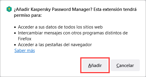 Añadir la extensión de Kaspersky Password Manager a Firefox.