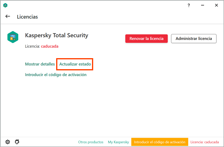 Cómo actualizar el estado de la licencia en una aplicación de Kaspersky