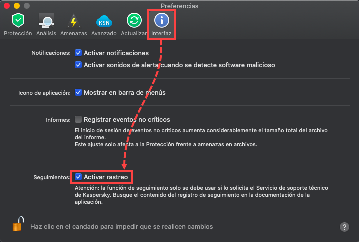 Activar el rastreo en Kaspersky Endpoint Security 11 for Mac