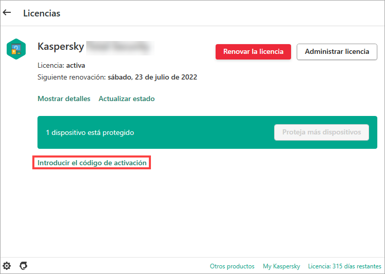Opening the Activation window in the trial version of a Kaspersky application