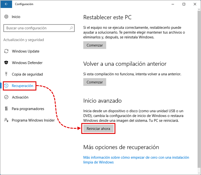 Reiniciar el PC para activar el Modo seguro en Windows 10.
