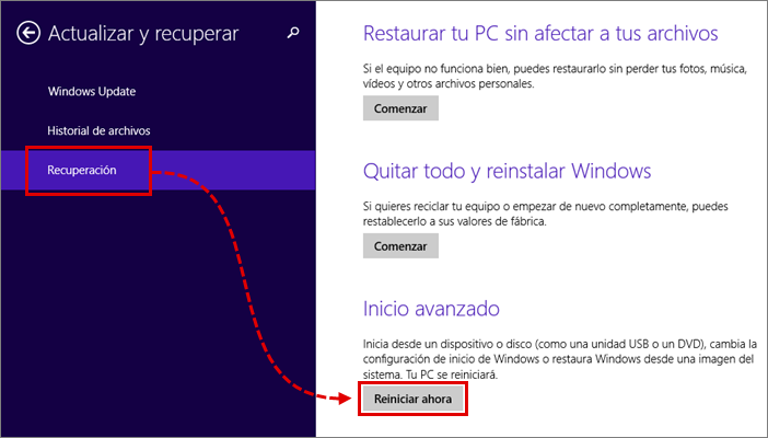 Reiniciar el PC para activar el Modo seguro en Windows 8, 8.1.