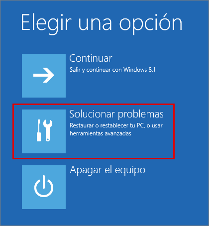 Abrir la sección "Solucionar problemas" en Windows 8, 8.1.