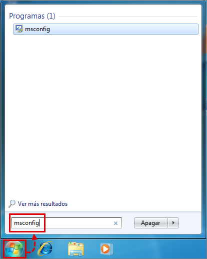 Introducir el comando "msconfig" en Windows 7, Vista.