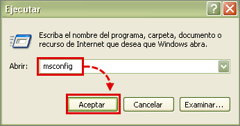 Introducir el comando msconfig en Windows XP