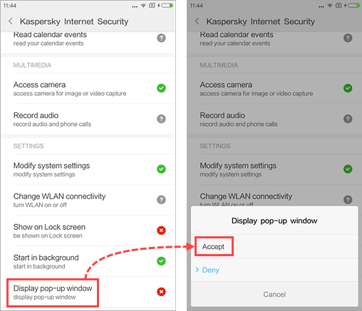 Permitir ventanas emergentes en Kaspersky Internet Security for Android