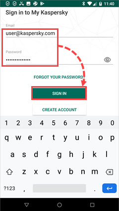 Introducir las credenciales de cuenta para conectar Kaspersky Internet Security for Android a My Kaspersky
