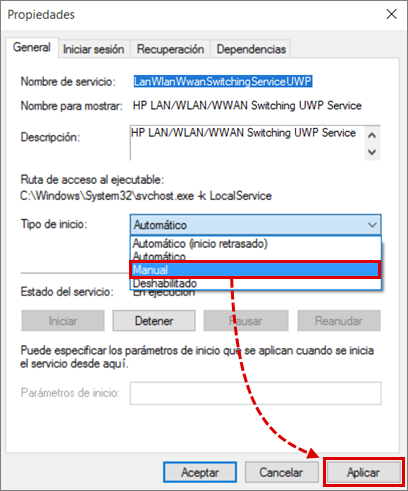 Cambiar el tipo del servicio HP LAN/WLAN/WWAN Switching UWP Service