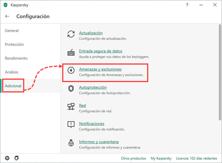 Opening the settings for threats that will be detected by a Kaspersky application