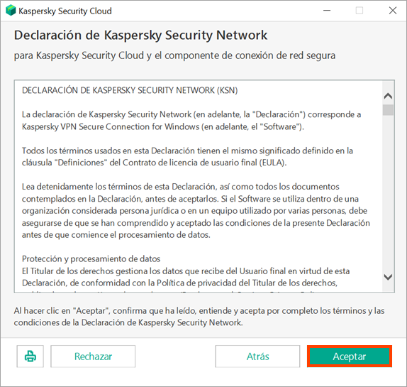Escoja si desea participar o no en Kaspersky Security Network al instalar Kaspersky Security Cloud