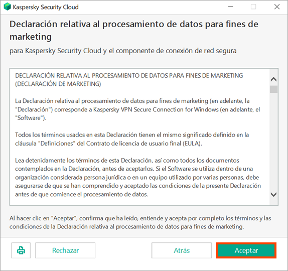 Acepte o rechace la Directiva de procesamiento de datos de marketing al instalar Kaspersky Security Cloud