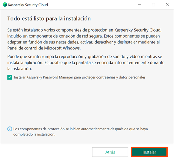 Lea la advertencia y comience a instalar Kaspersky Security Cloud