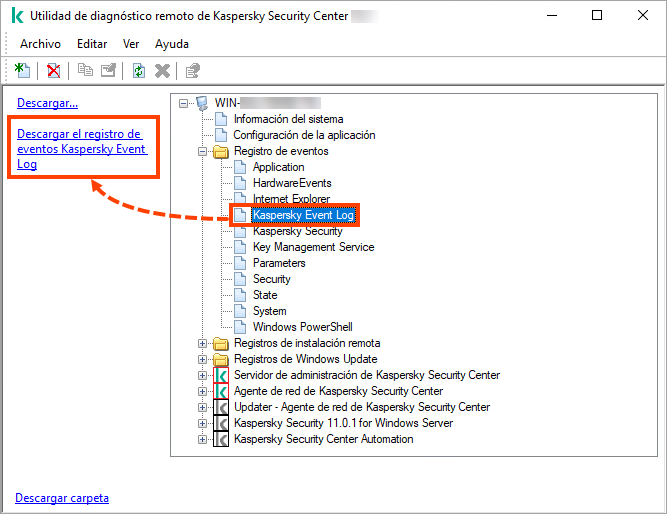 La ventana de la herramienta klactgui con la carpeta Registro de eventos abierta y la opción Descargar registro de eventos resaltada. 