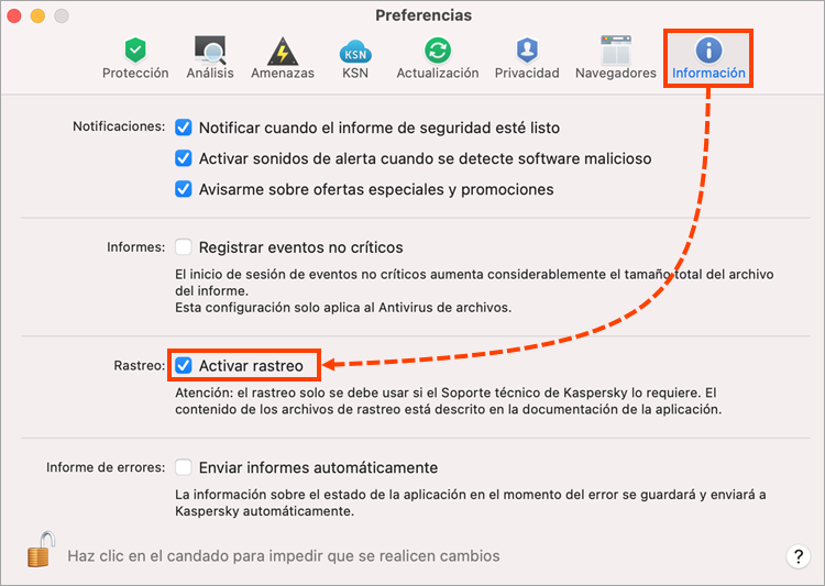 Se abre la ventana Preferencias de Kaspersky Security Cloud para Mac con la pestaña Información y la casilla de verificación Activar seguimiento seleccionada. 