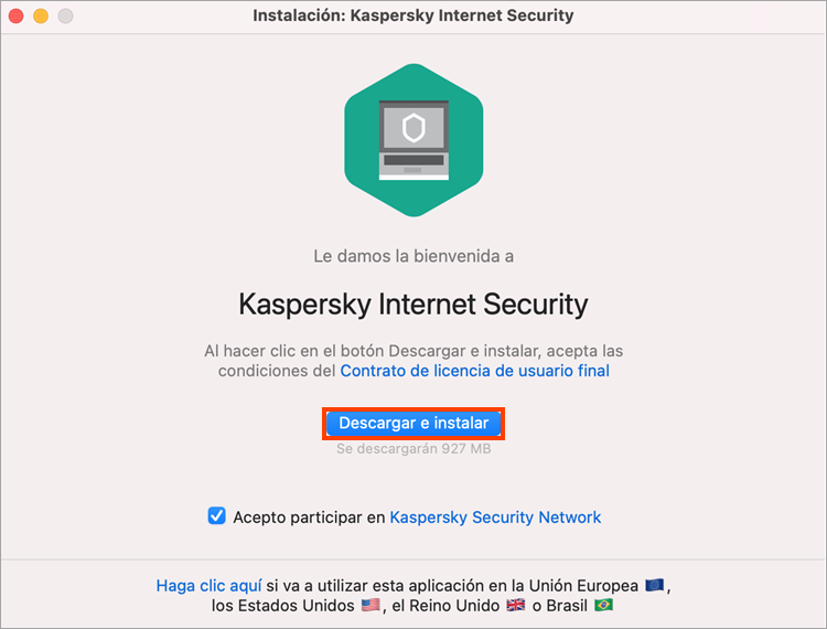 Acepte el Contrato de licencia de usuario final y de Kaspersky Security Network antes de instalar Kaspersky Internet Security para Mac