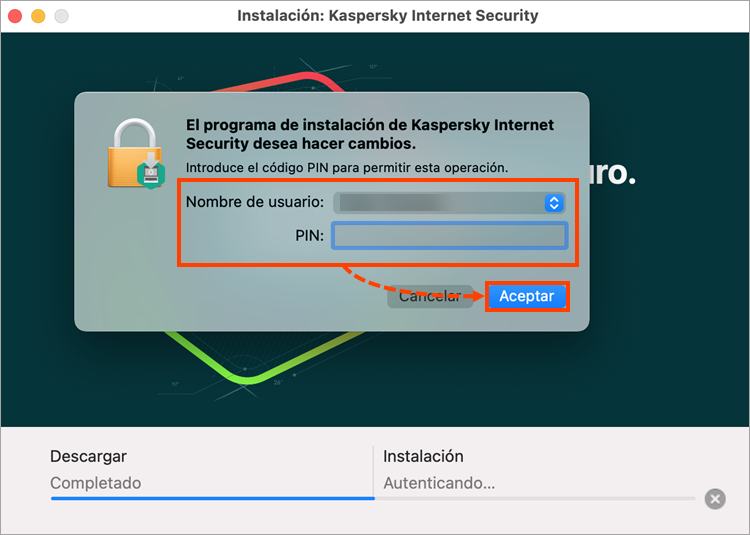 Introducir las credenciales de la cuenta de usuario para instalar Kaspersky Internet Security para Mac