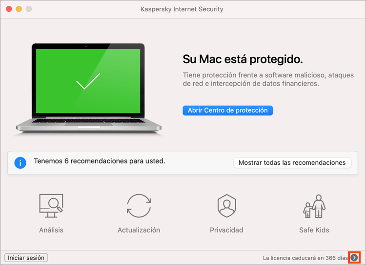 Cómo abrir la ventana Licencias en Kaspersky Internet Security para Mac