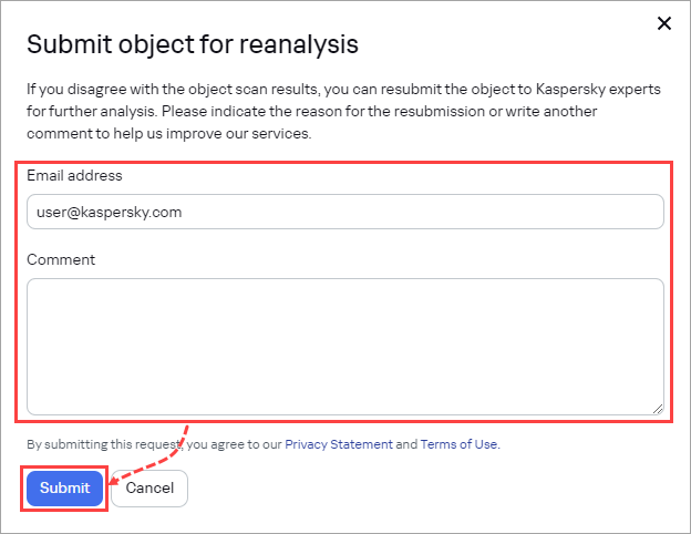 Introducir una dirección de correo electrónico y enviar un archivo para su análisis a Kaspersky Threat Intelligence Portal.