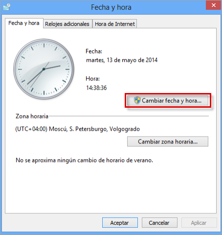 Continuar con la configuración manual de fecha y hora en Windows 8, 8.1