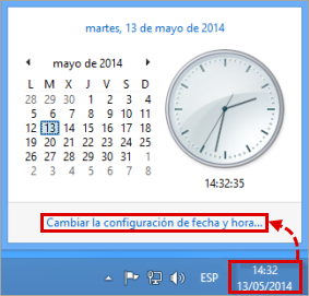 The clock window with the Change date and time link highlighted in Windows 7.