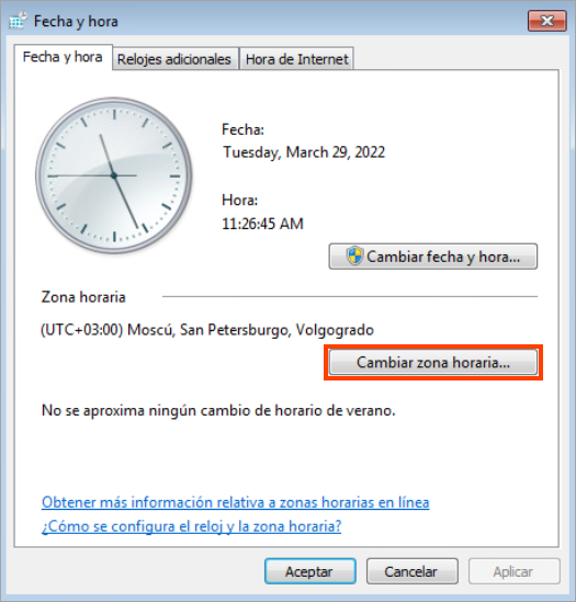 The Date and time window with the Change time zone button.