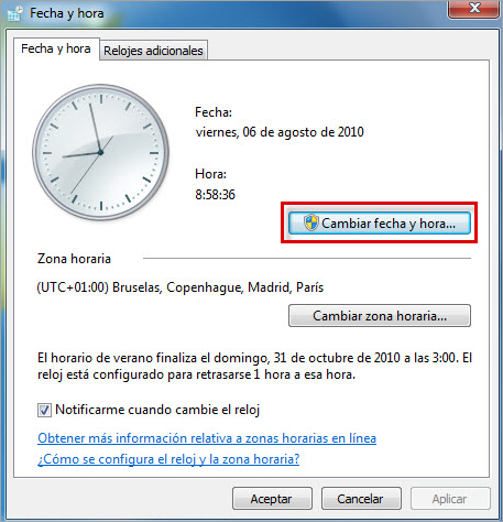 The time and date window in Windows Vista and Windows 7.