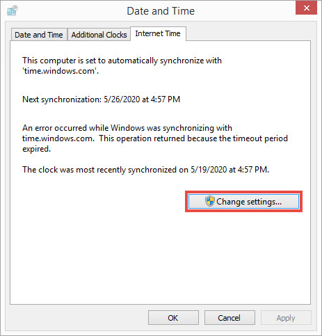 Continuar con la configuración de fecha y hora a través de Internet en Windows 8, 8.1