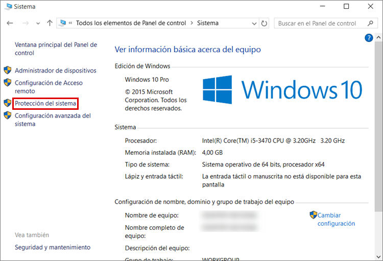 Ir a las propiedades del sistema en Windows 10